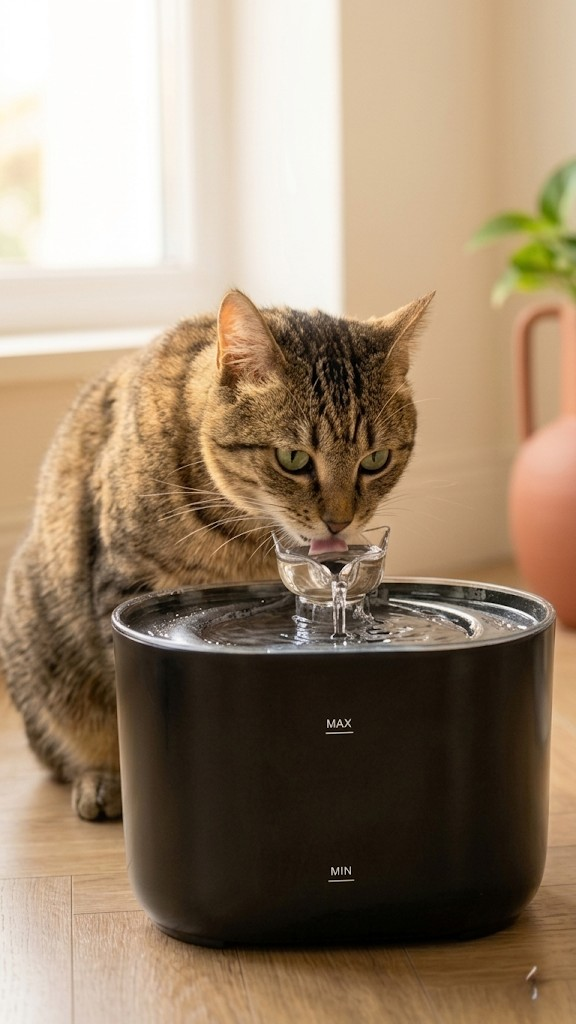 Fontaine à eau silencieuse pour chat PawChic - Chat qui boit de l'eau filtrée