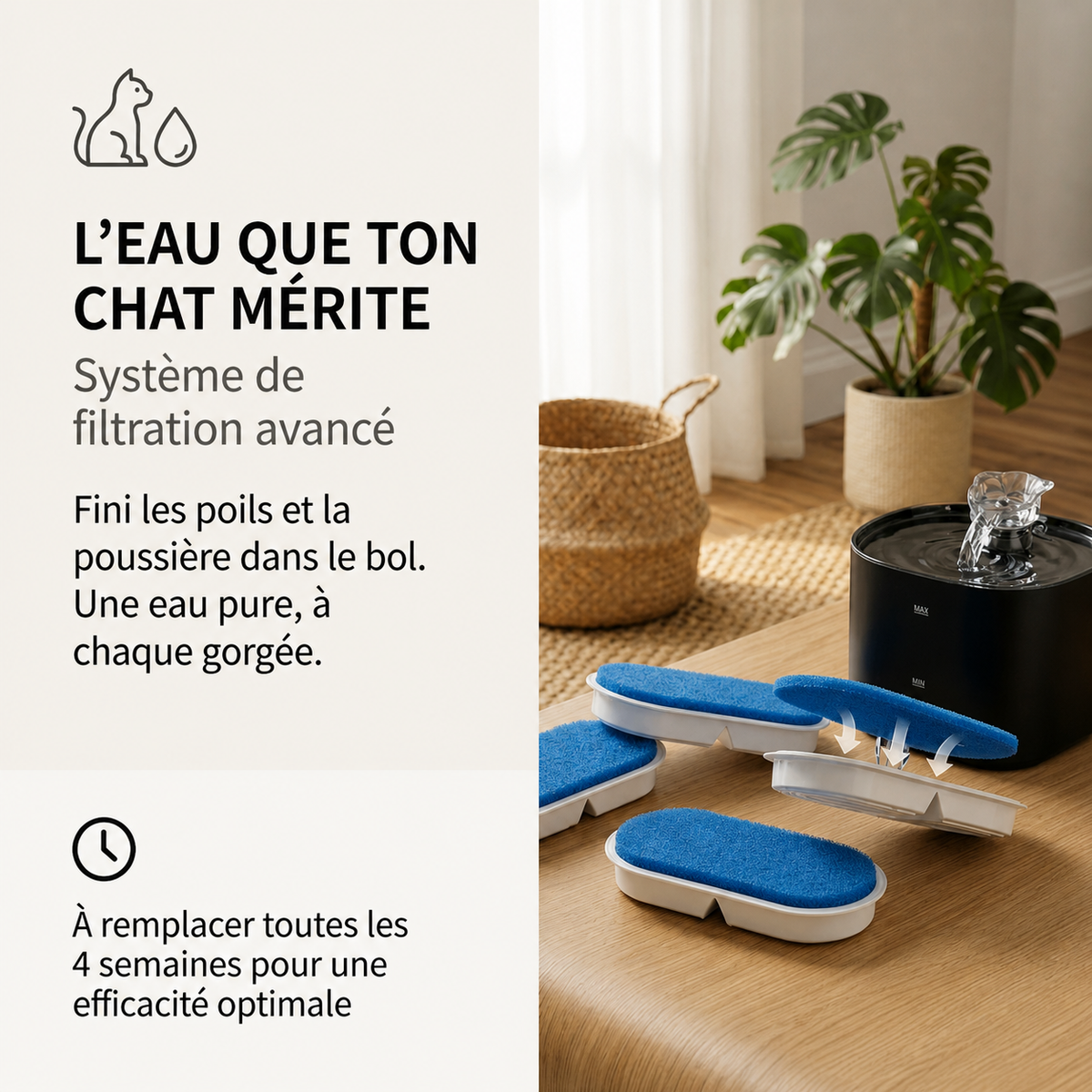 Filtre pour fontaine à eau pour chat PawChic à remplacer toutes les 4 semaines pour une efficacité optimale.